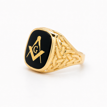 9ct Yellow Gold Large Onyx Square & Compass Ring Thistle Design