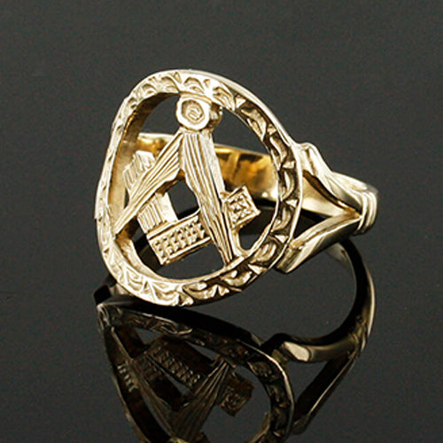 Large Gold Pierced Design Square and Compass Masonic Ring