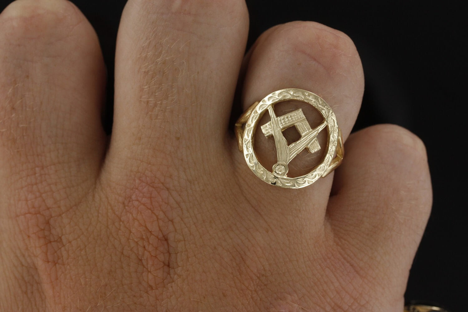 Large Gold Pierced Design Square and Compass Masonic Ring