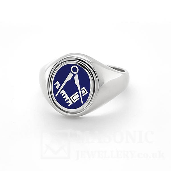 Silberner wendbarer ovaler Ring mit Winkelmaß und Zirkel (Freimaurerring)