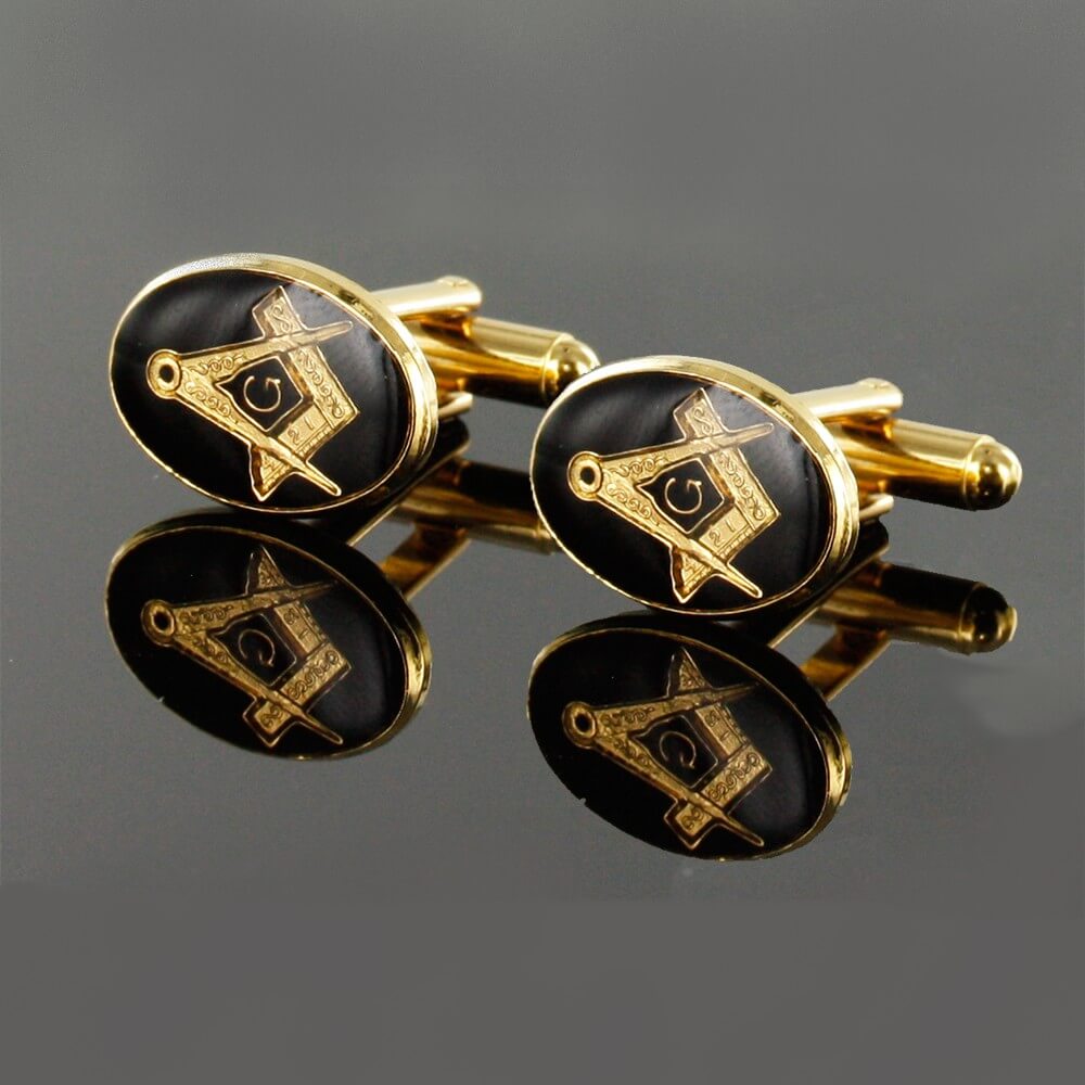 Gold Plated Black Enamel Square and Compass with G Cufflinks