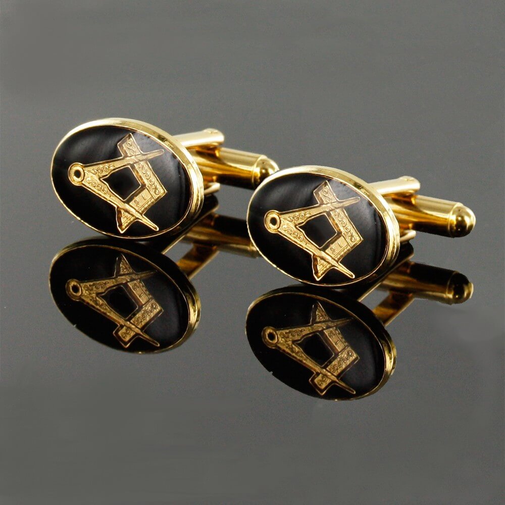 Gold Plated Black Enamel Square and Compass Cufflinks