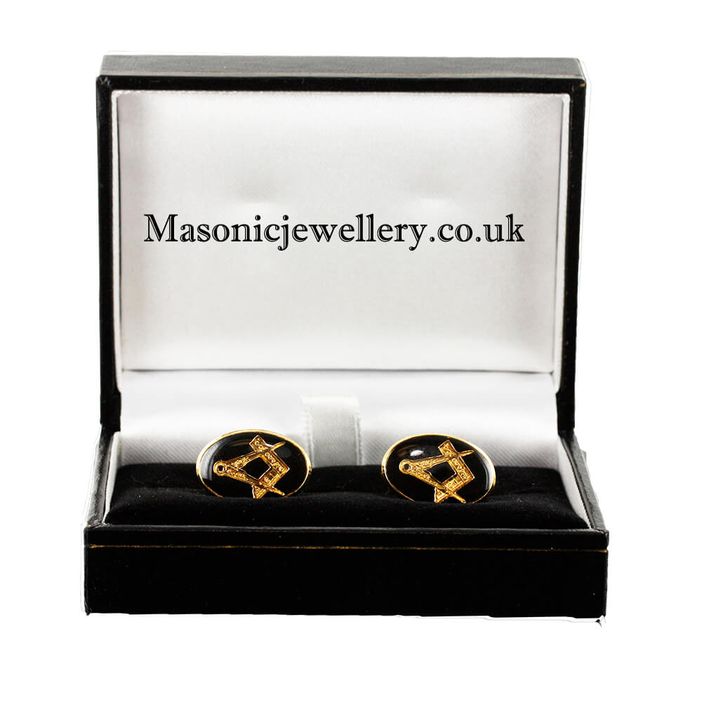 Gold Plated Black Enamel Square and Compass Cufflinks