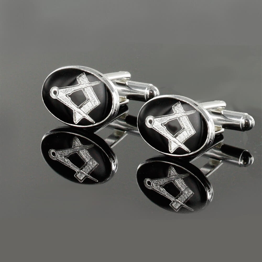 Silver Plated Black Enamel Square and Compass Cufflinks