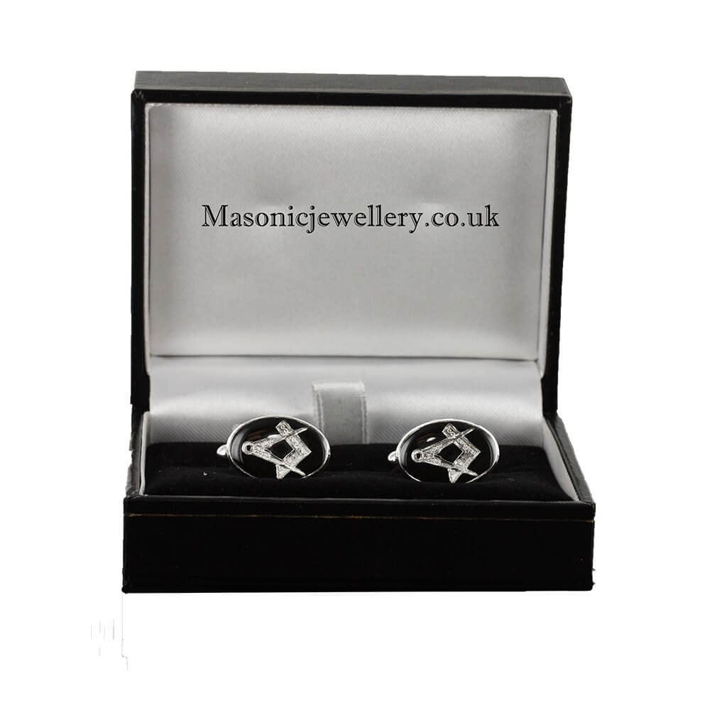 Silver Plated Black Enamel Square and Compass Cufflinks