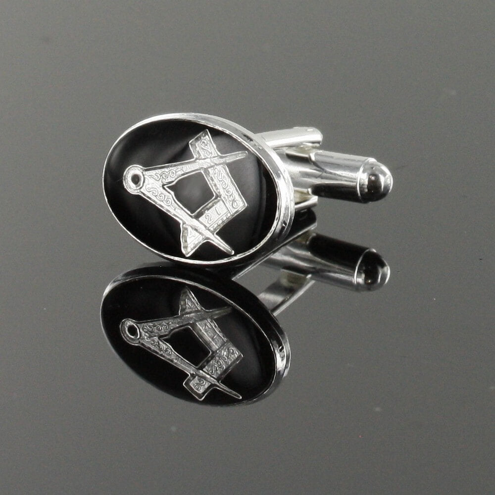 Silver Plated Black Enamel Square and Compass Cufflinks