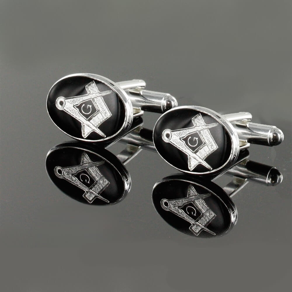 Silver Plated Black Enamel Square and Compass with G Cufflinks