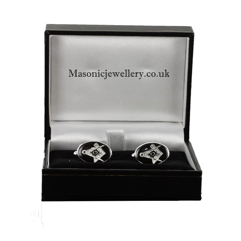 Silver Plated Black Enamel Square and Compass with G Cufflinks