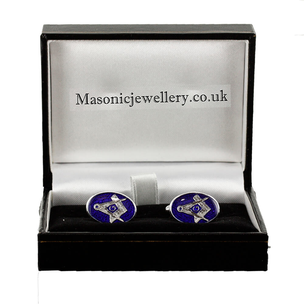 Silver Plated Blue Enamel Square and Compass with G Cufflinks