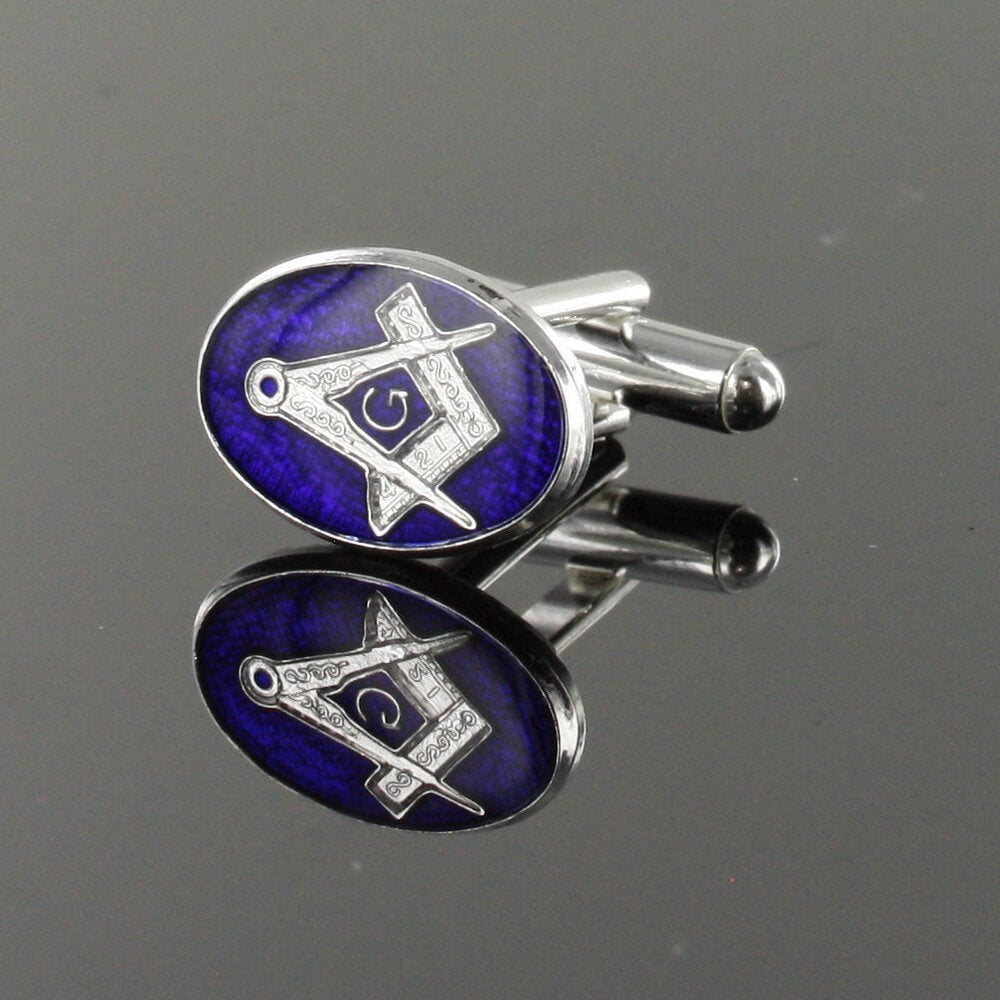 Silver Plated Blue Enamel Square and Compass with G Cufflinks