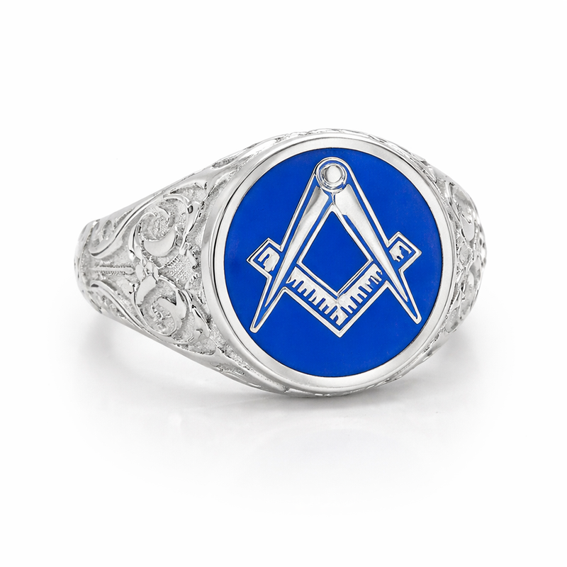 Massiver Silber Großer Detailreicher Handwerks-Zirkel & Winkelmaß Freimaurerring