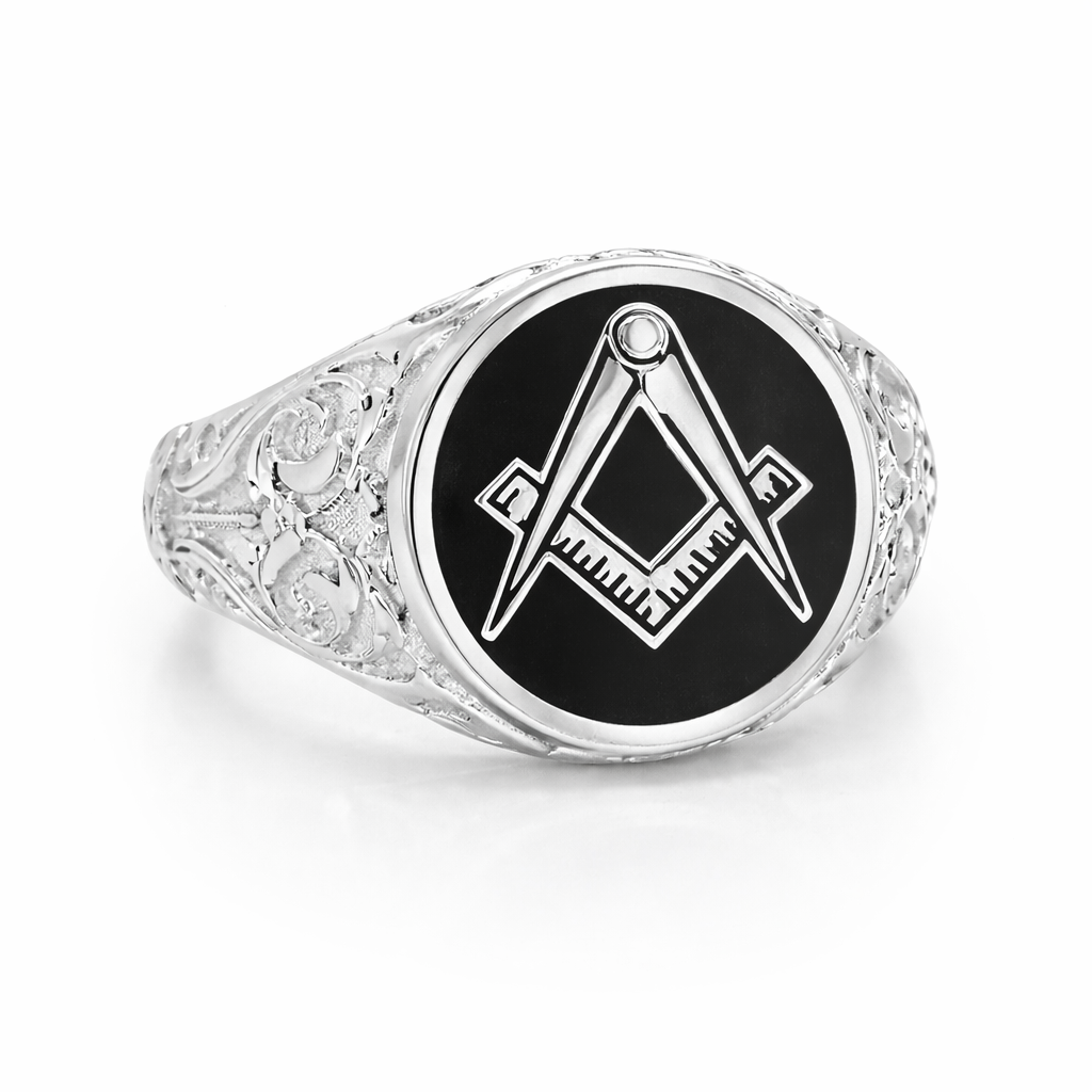 Sterling Silver Large Detailed Craft Square & Compass Masonic Ring