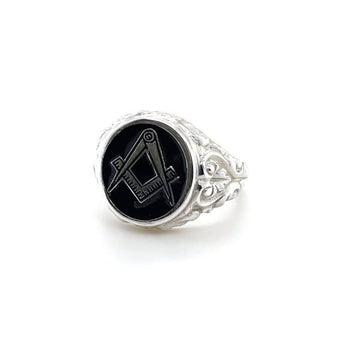 Sterling Silver Large Detailed Craft Square & Compass Masonic Ring