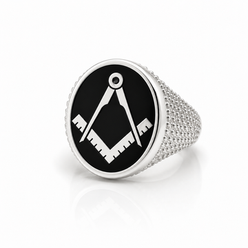 Silver Craft Square & Compass Chain Mail Enamel Ring – Black, Square and Compass, P