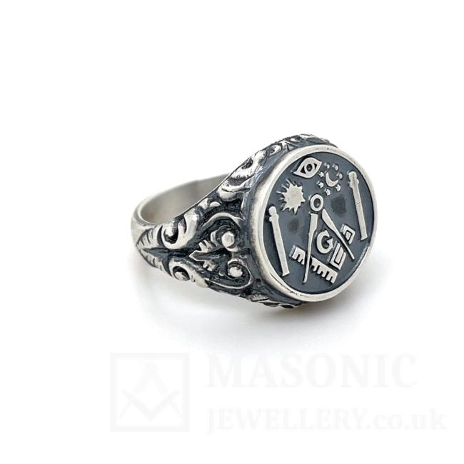 Silver 925 Antique Effect Symbols of Freemasonry Ring