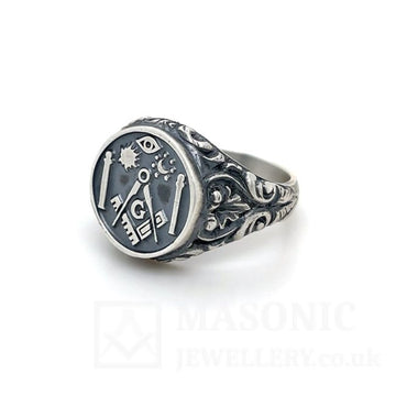 Silver 925 Antique Effect Symbols of Freemasonry Ring