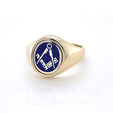 9ct yellow gold oval reversible swivel masonic ring square & compass in blue