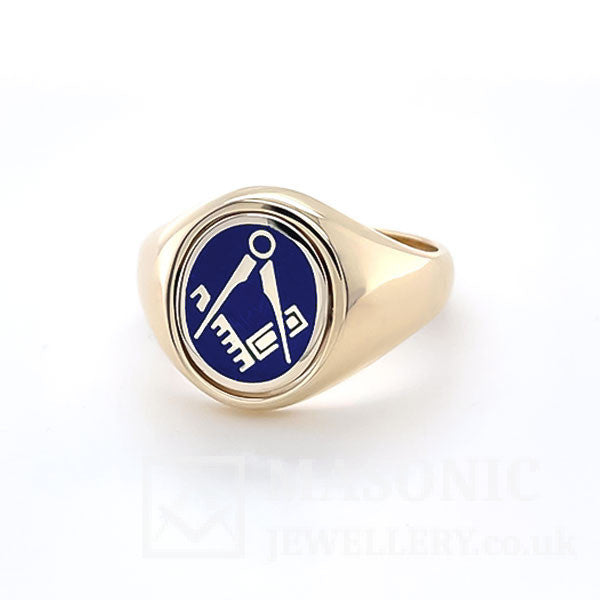 9ct yellow gold oval reversible swivel masonic ring square & compass in blue