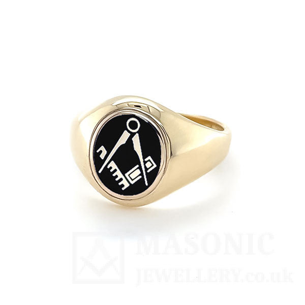 9 Karat Gold Freimaurerring mit ovalem Kopf, Winkel und Zirkel (fester Kopf)