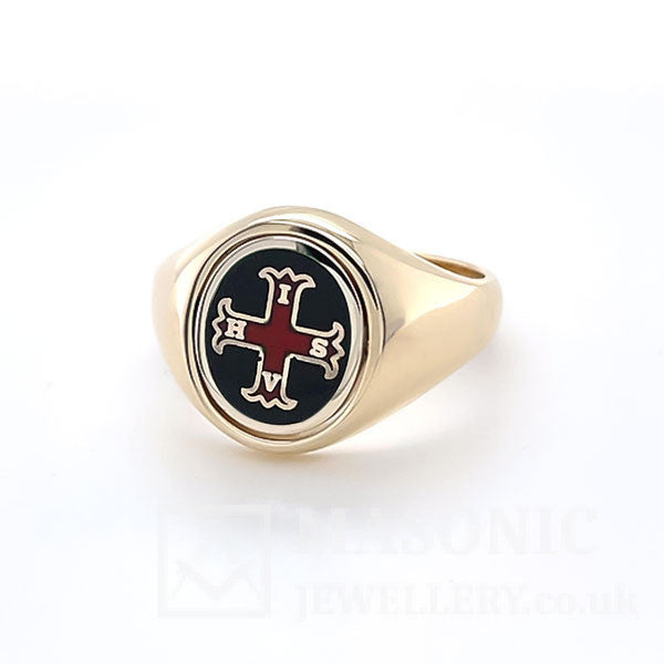 9ct yellow gold rd cross of Constantine reversible swivel masonic ring black