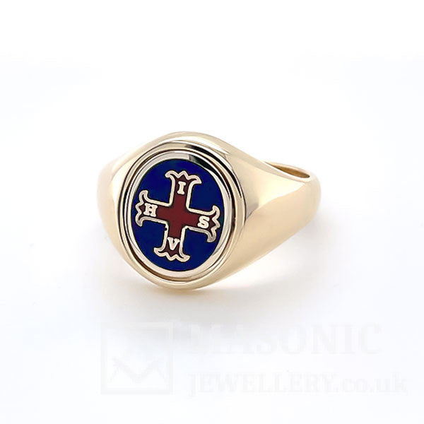 9ct yellow gold rd cross of Constantine reversible swivel masonic ring blue