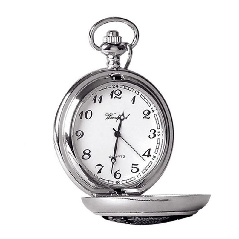 Versilberte, verchromte Freimaurer-Taschenuhr mit Winkelmaß, Zirkel und G-Symbol