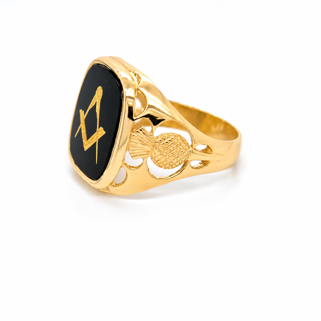 9ct Yellow Gold Large Onyx Square & Compass Ring Thistle Design