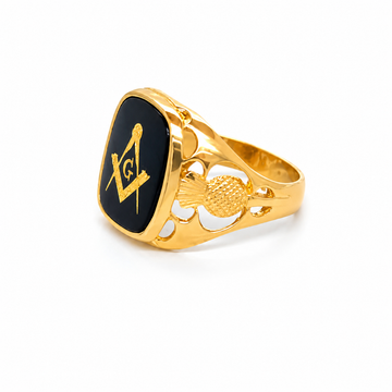 9ct Yellow Gold Large Onyx Square & Compass Ring Thistle Design