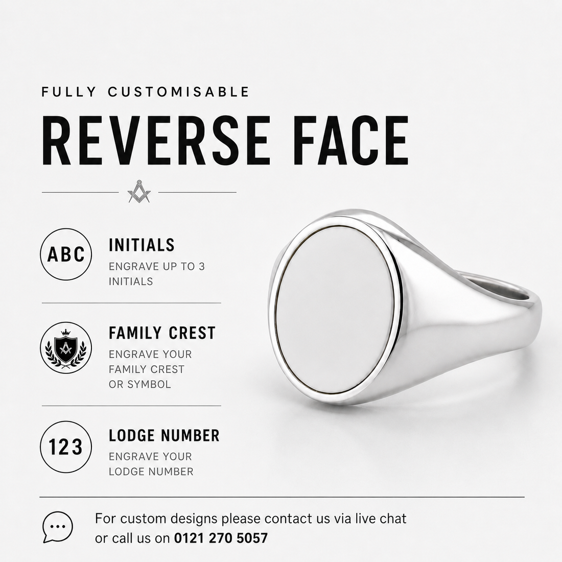 Silver Reversible Cushion Head Square and Compass Masonic Ring