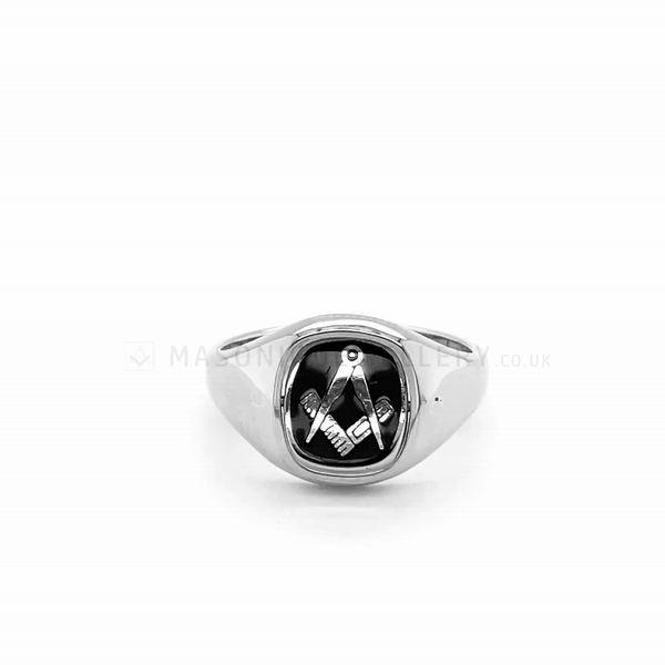 Silver Reversible Cushion Head Square and Compass Masonic Ring