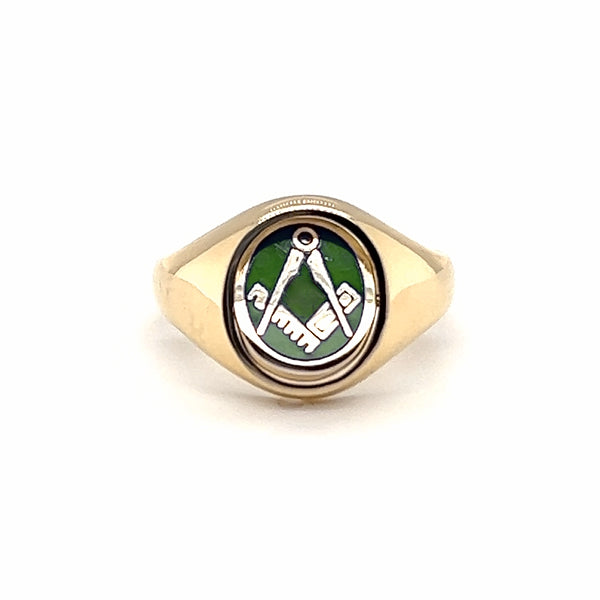 Limitierte Auflage 9 Karat Gelbgold „Verdant“ Oval Quadrat und Zirkel Freimaurerring