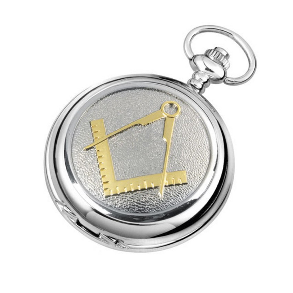 Silver Chrome Plated Masonic Pocket Watch with Square & Compass Motif