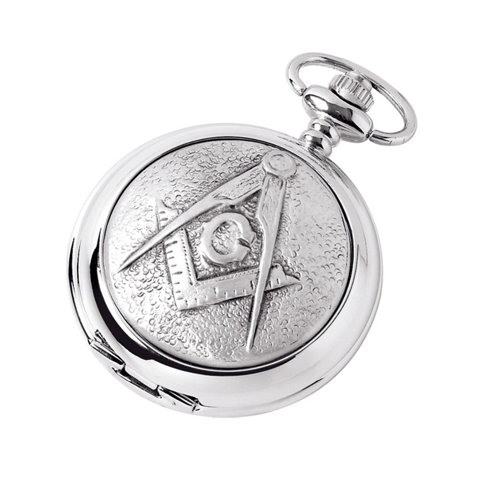 Silver Chrome Plated Masonic Pocket Watch with Square & Compass Symbol