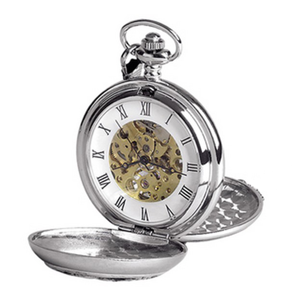 Silver Chrome Plated Skeleton Masonic Pocket Watch with Square & Compass Symbol