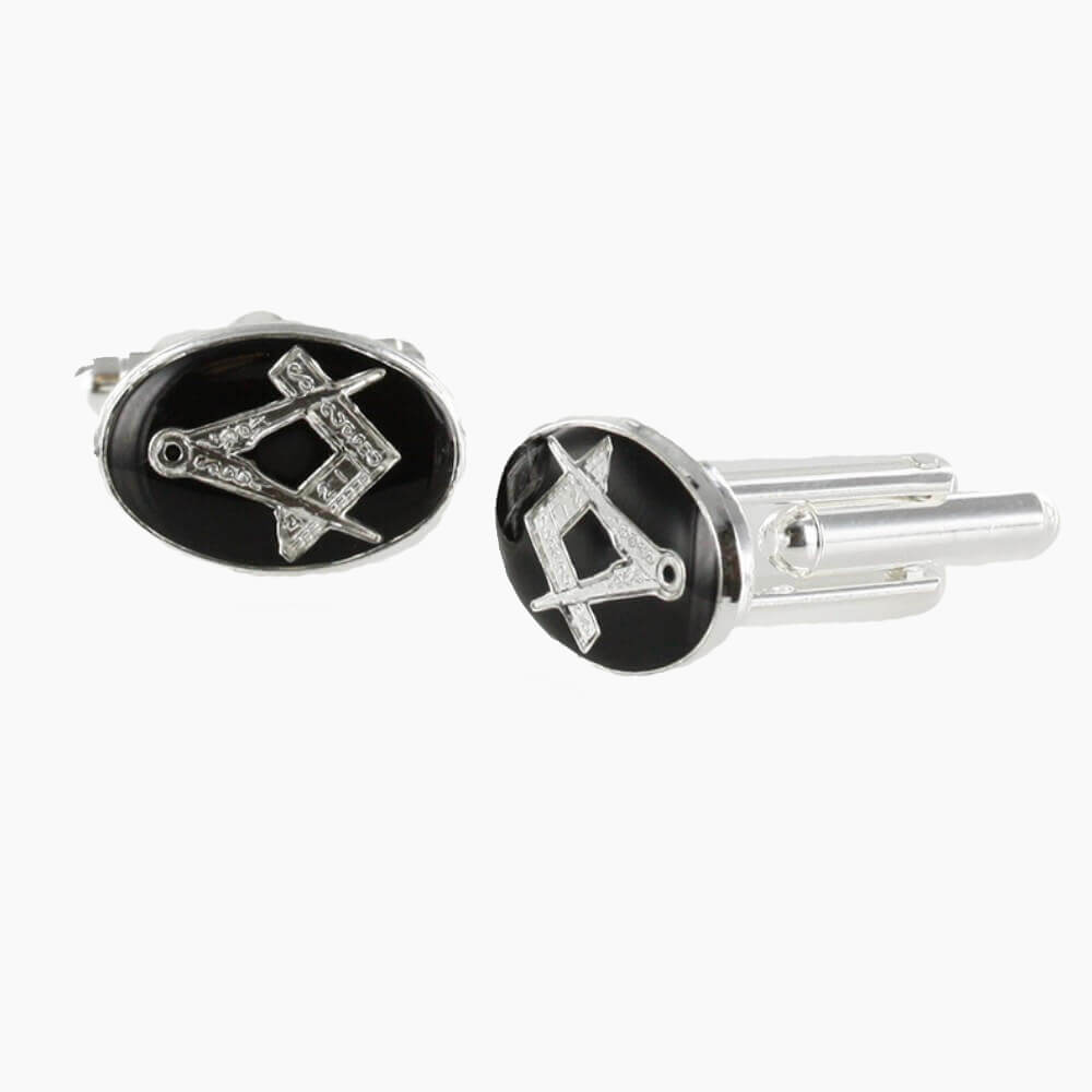 Silver Plated Black Enamel Square and Compass Cufflinks