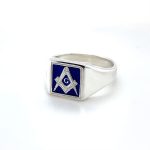 Silver Square Shaped Craft Square & Compass Ring with g in blue