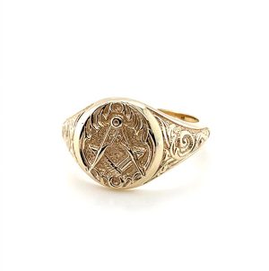 9ct Yellow Gold Craft Square & Compass Engraved Masonic Ring