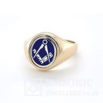 9ct yellow gold oval reversible swivel masonic ring square & compass in blue