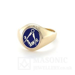 9ct yellow gold square & compass craft masonic ring blue