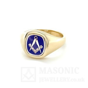 9ct yellow gold cushion head reversible square & compass ring blue