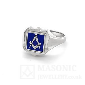 silver square & compass shield reversible swivel ring blue